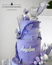 Load image into Gallery viewer, Purple marble and butterflies cake. Feed 80 people.
