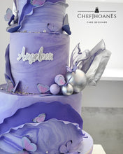 Load image into Gallery viewer, Purple marble and butterflies cake. Feed 80 people.
